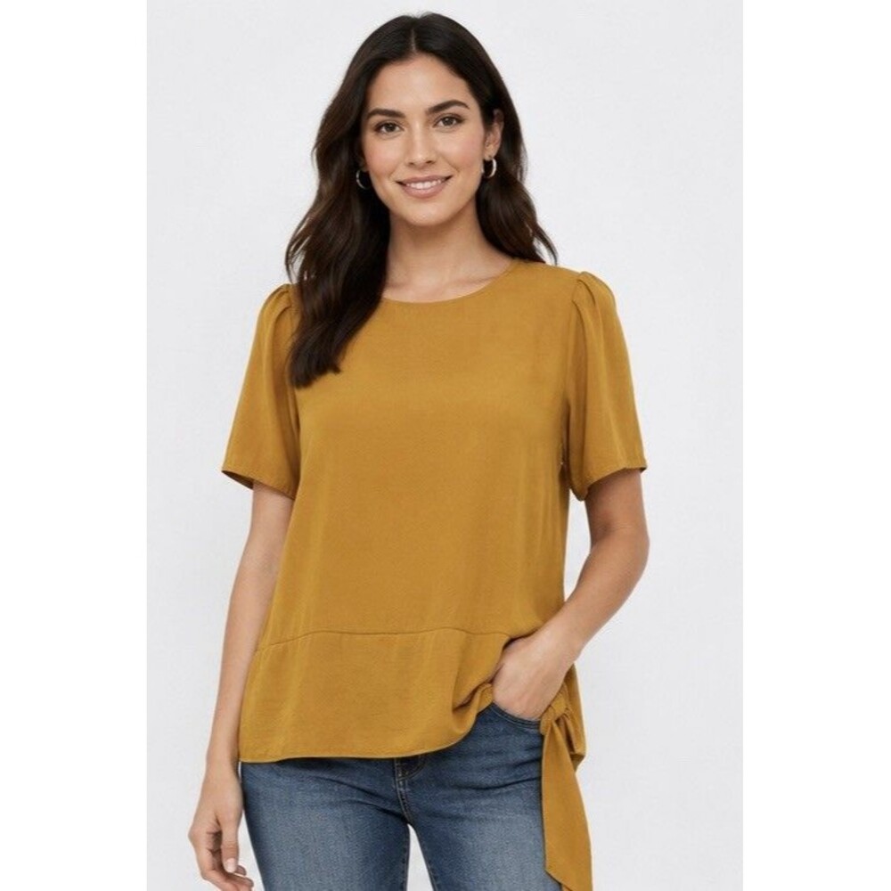 Simply Vera Vera Wang Blouse Women Medium Mustard Yellow Tie Hem Short Sleeve